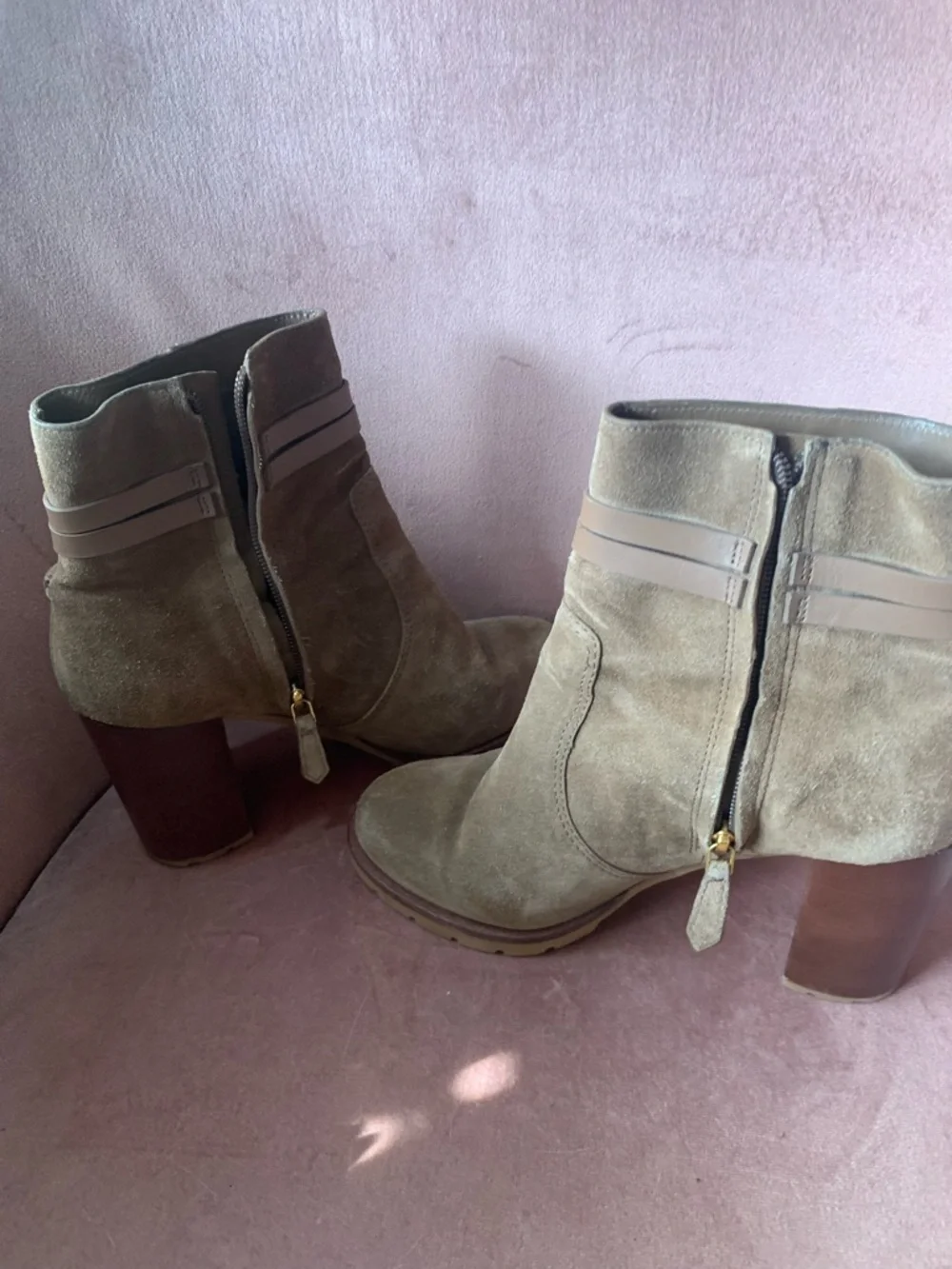 Tory Burch Suede Ankle Boots in Taupe with Decorative Straps